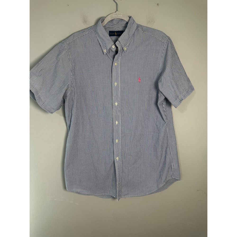 Ralph Lauren Mens Blue White Seersucker Striped Short Sleeve Button Down Shirt L